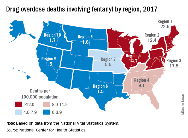 Drug overdose deaths involving fentanyl by region, 2017