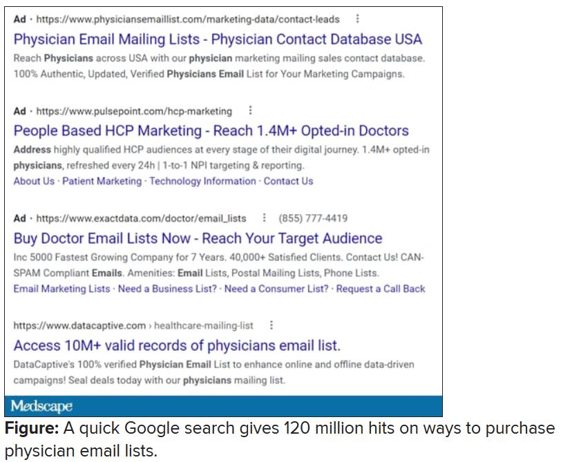 A quick Google search gives 120 million hits on ways to purchase physician email lists.