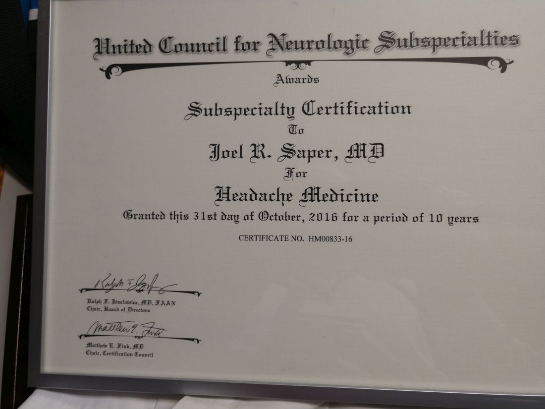 Dr. Joel Saper's UCNS recertification certificate.