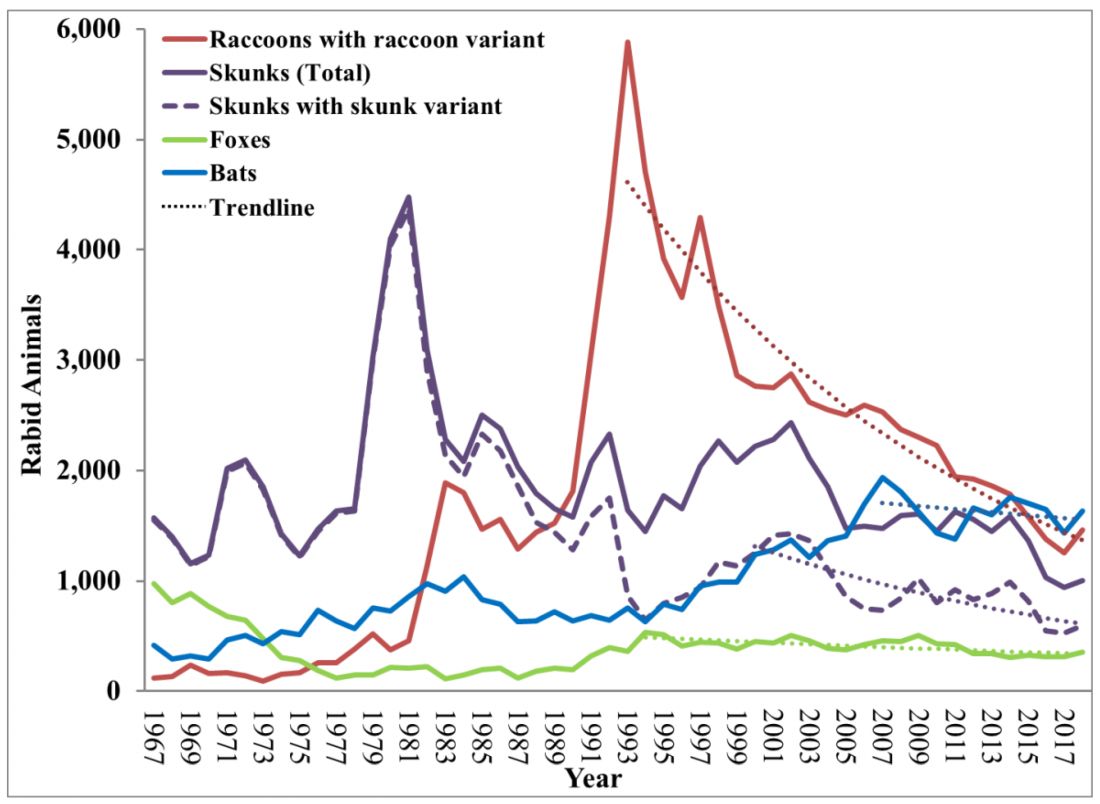 Line graph of species with rabies 1967-2017