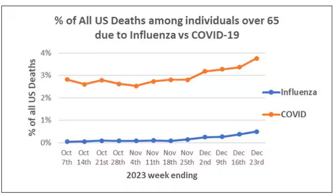 Percentage of US deaths among 65 and older, flu vs. COVID 19