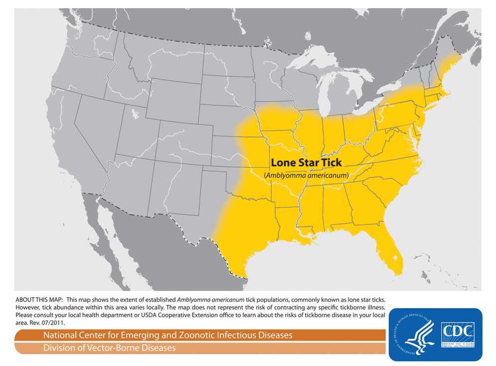 Distribution and range of the lone star tick (Amblyomma americanum) in the United States.