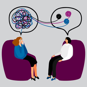 Cartoon of two women talking on chairs with speech bubbles