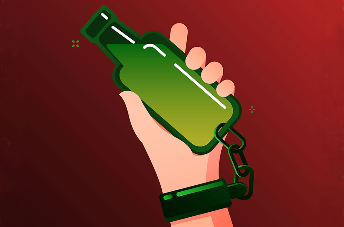 Hand holding bottle chained to wrist