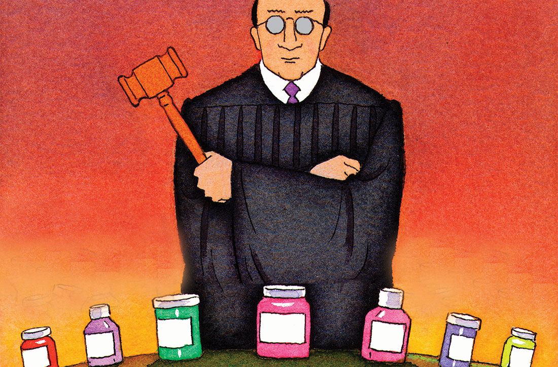 Judge holding gavel standing in front of medication bottles