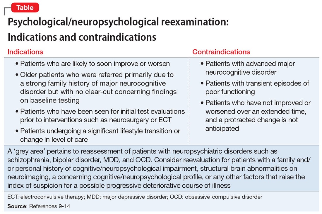 Psychological/neuropsychological reexamination: Indications and contraindications