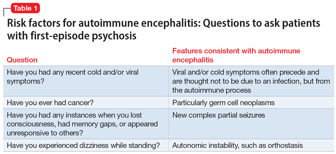 Risk factors for autoimmune encephalitis: Questions to ask patients with first-episode psychosis