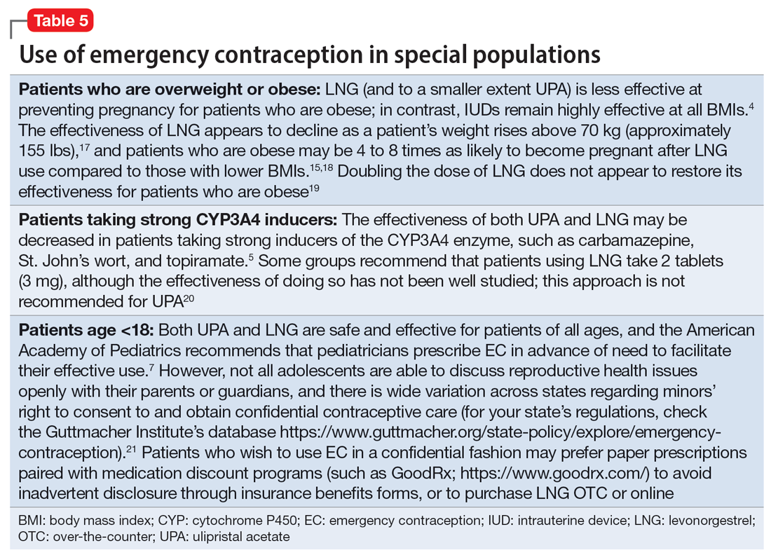 Use of emergency contraception in special populations