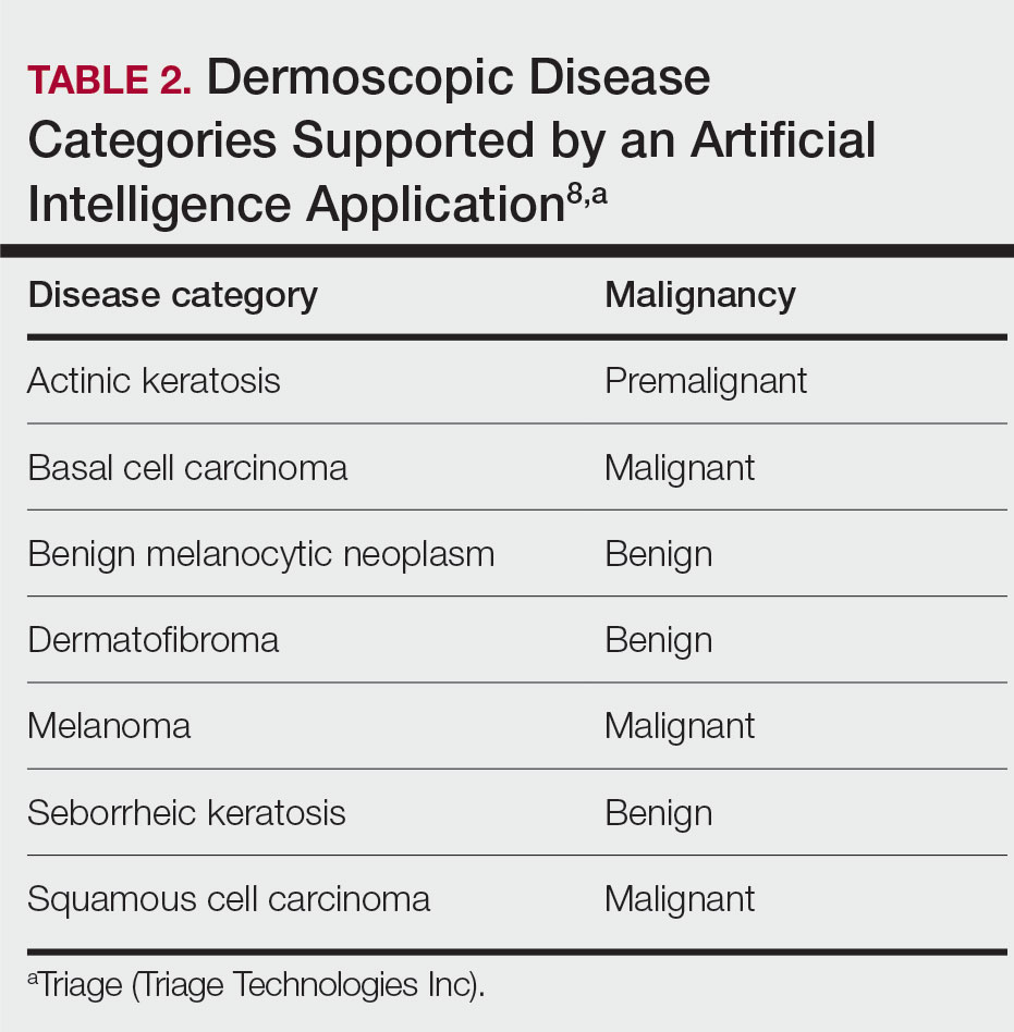 Dermoscopic Disease Categories Supported by an Artificial Intelligence Application