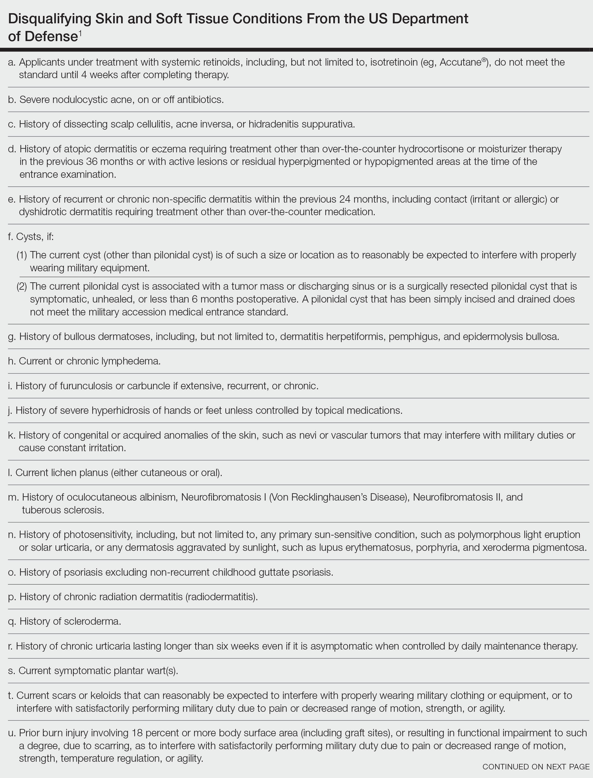 Disqualifying Skin and Soft Tissue Conditions From the US Department of Defense