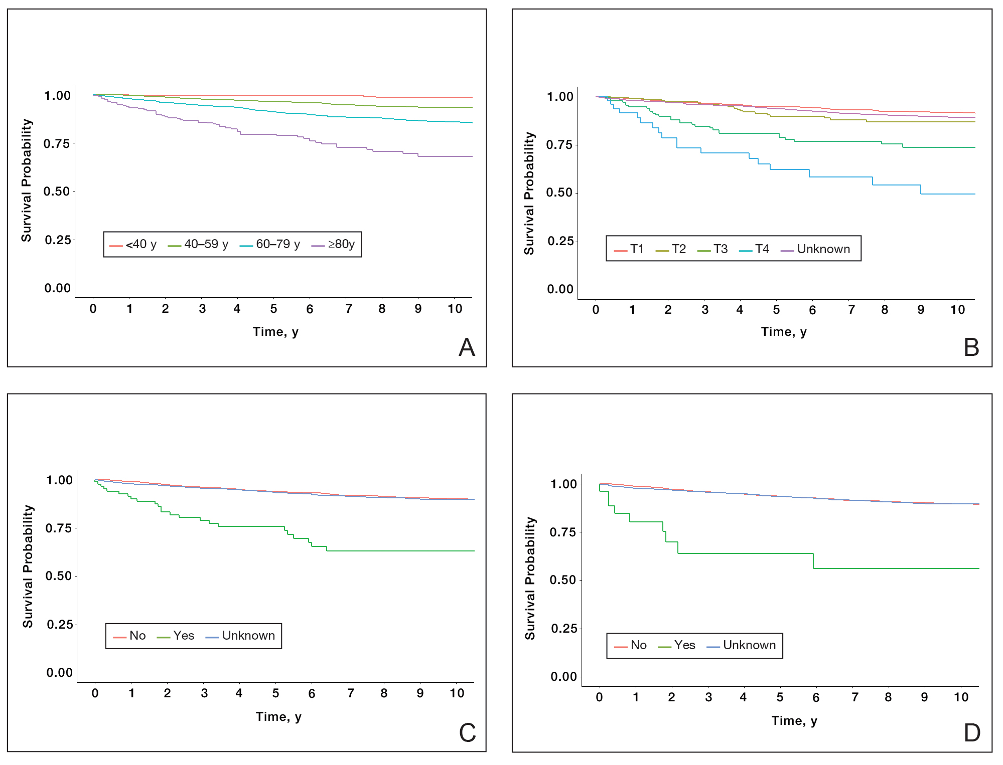 Multivariate analysis of disease-specific survival probability by age at diagnosis, T stage, lymph node involvement, and metastasis, respectively.