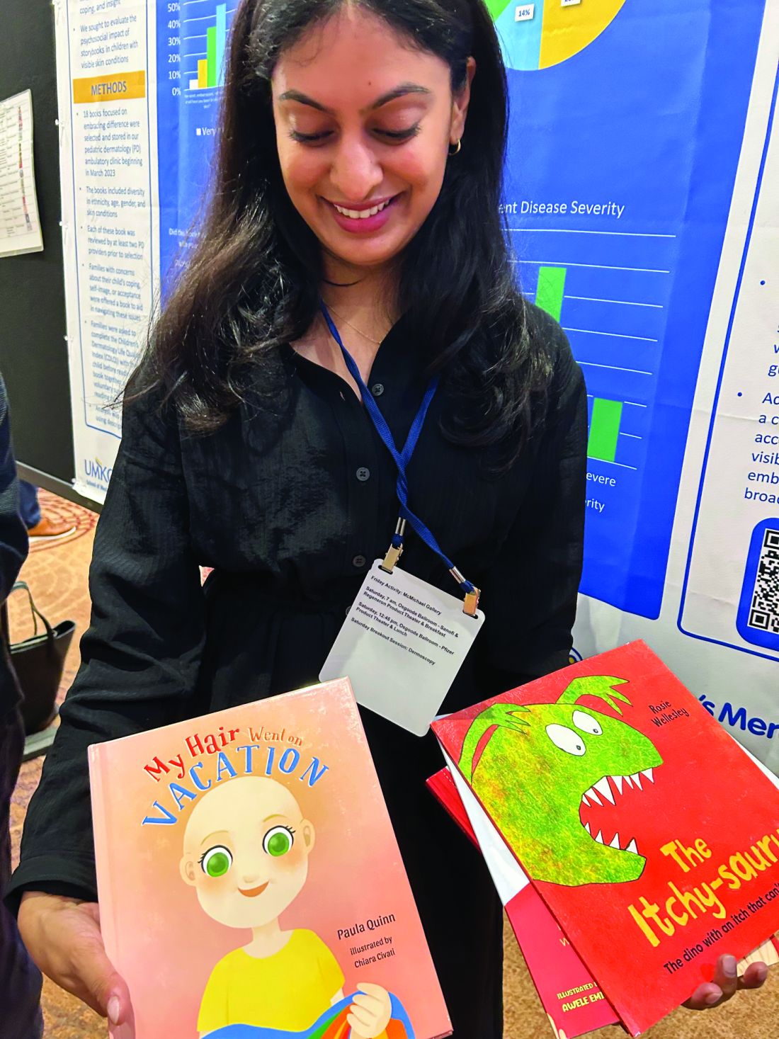 Sonia Havele, MD, a pediatrician and dermatology resident at Children's Mercy Hospital, Kansas City, Kansas, with some of the books used in her study