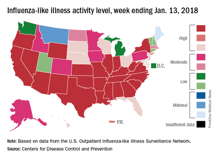 Influenza-like illness activity level, week ending Jan. 13, 2018