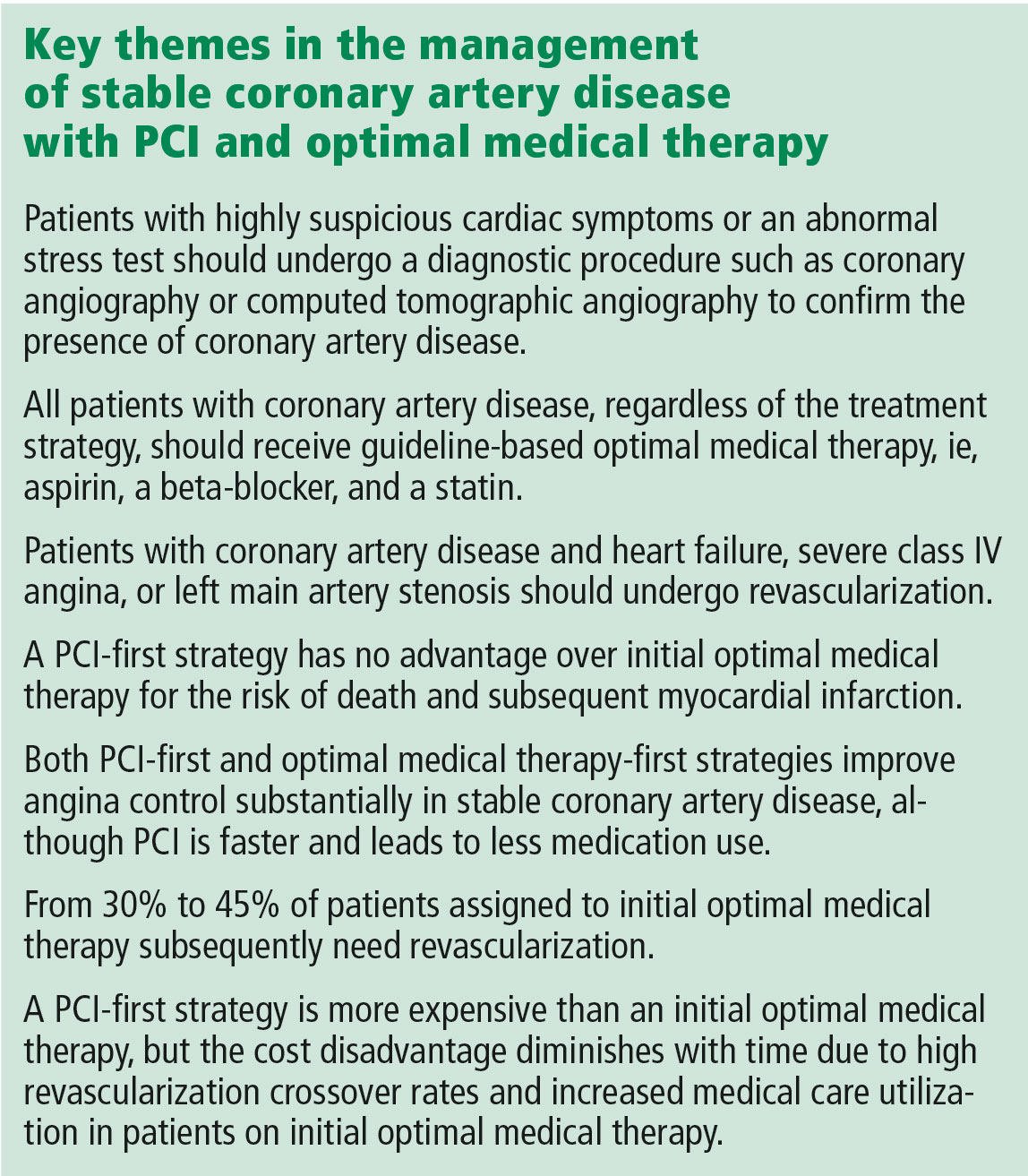 Key themes in the management of stable coronary artery disease with PCI and optimal medical therapy