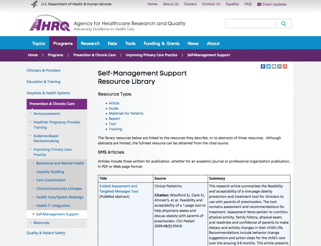 The landing page for the AHRQ Self-Management Support Resource Library