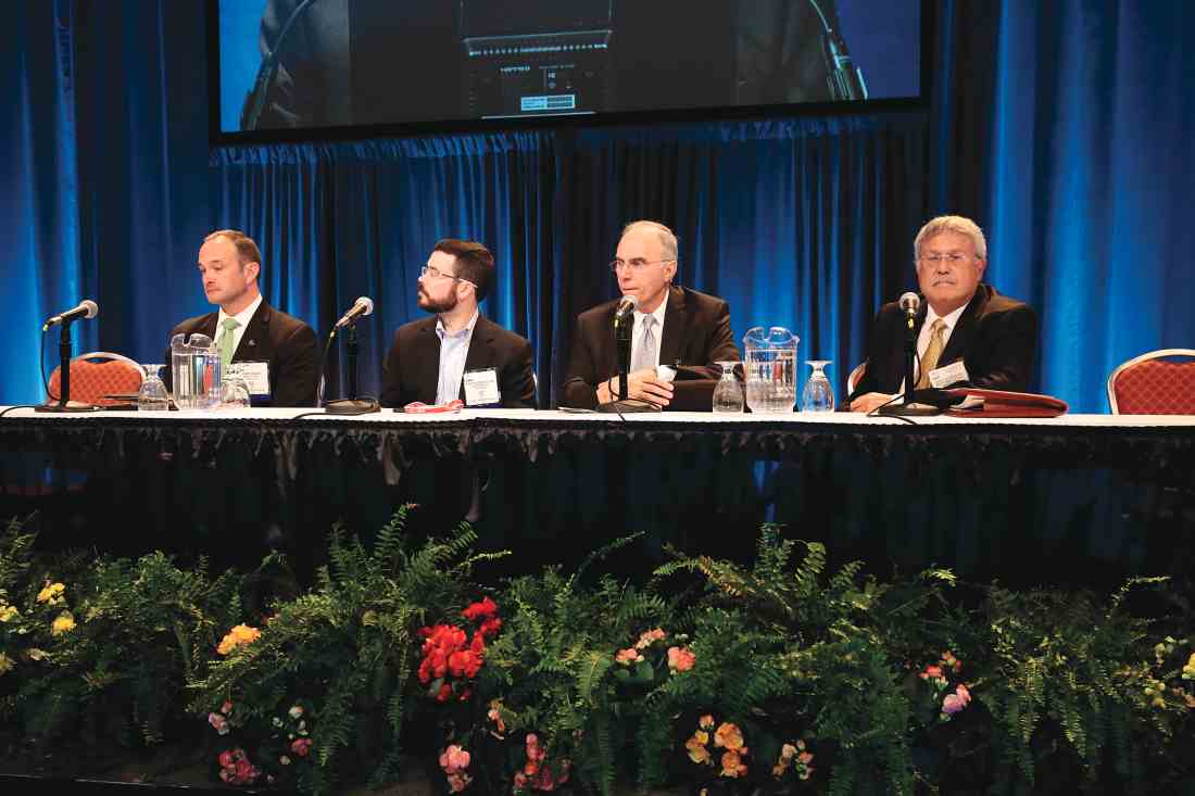 Panel members discuss the challenges in the vascular surgery work force and possible solutions during the E. Stanley Crawford Critical Issues Forum. From left: Jeremy Robinson, Mark Friedberg, MD; Anton Sidawy, MD;  and Gerald Goldstein,