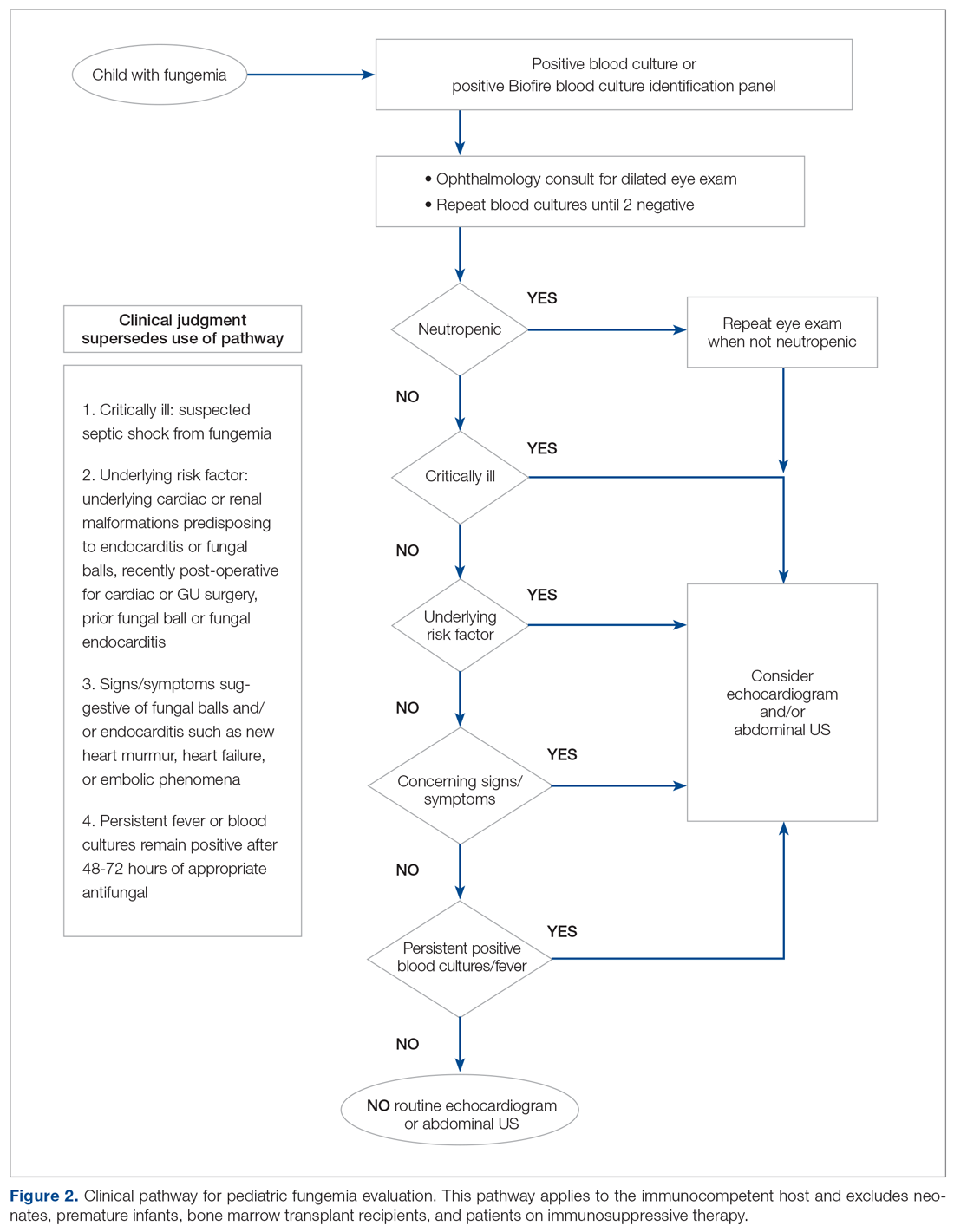 Clinical pathway for pediatric fungemia evaluation. This pathway applies to the immunocompetent host and excludes neonates, premature infants, bone marrow transplant recipients, and patients on immunosuppressive therapy.