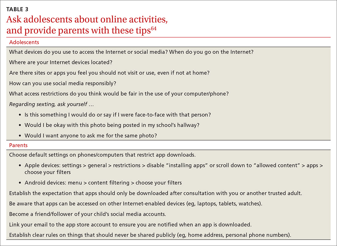 Ask adolescents about online activities, and provide parents with these tips