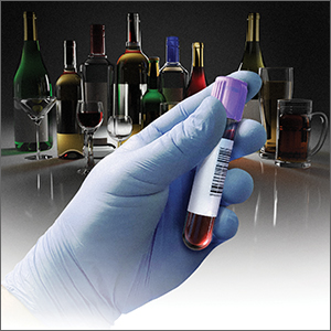 latex gloved hand holding test tube with bottles of alcohol in the background