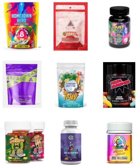 Kid-friendly packaging of psychoactive Delta 8 products.