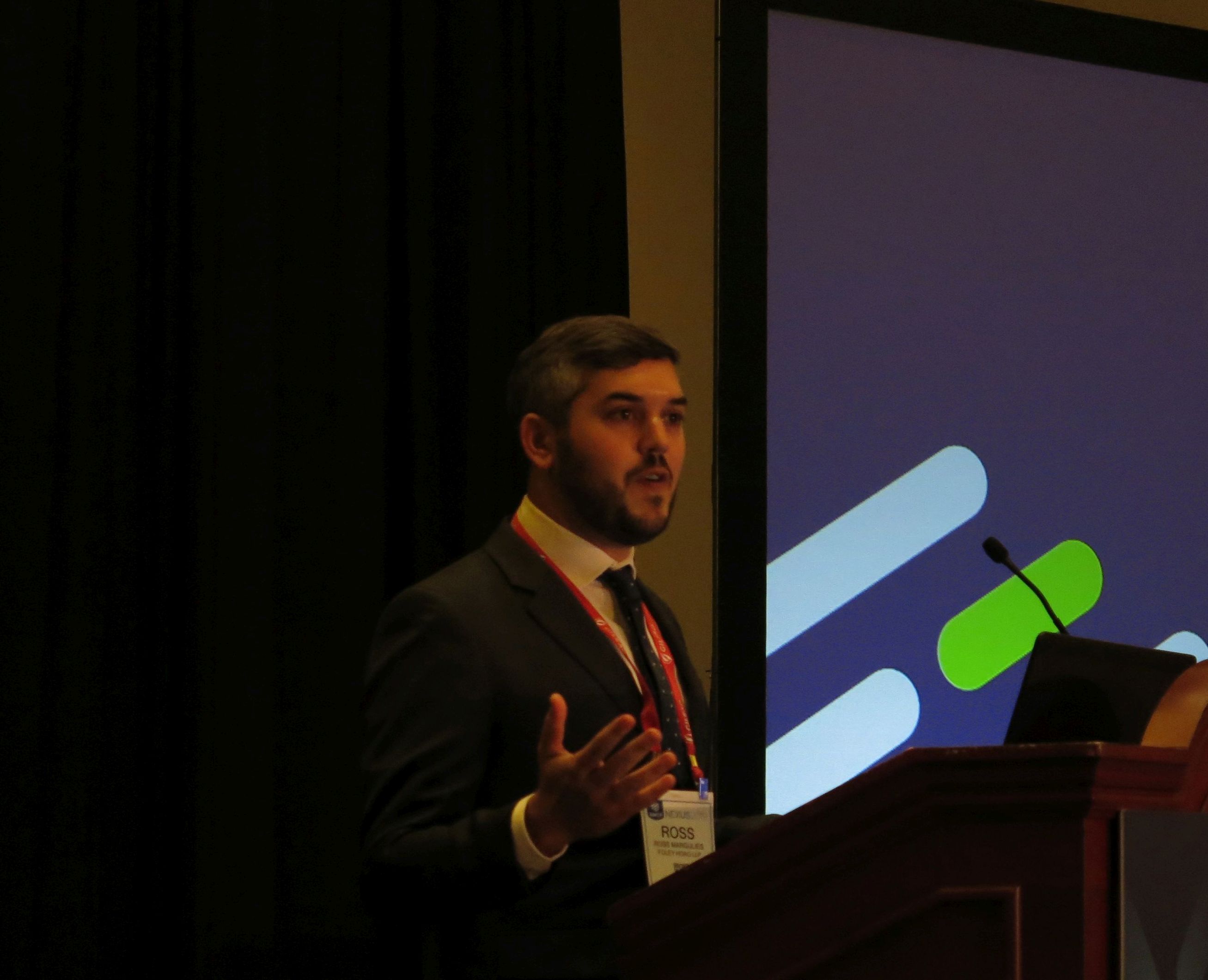 Ross Margulies, , senior associate at the law firm Foley Hoag, speaking at the AMCP NEXUS 2019 conference.