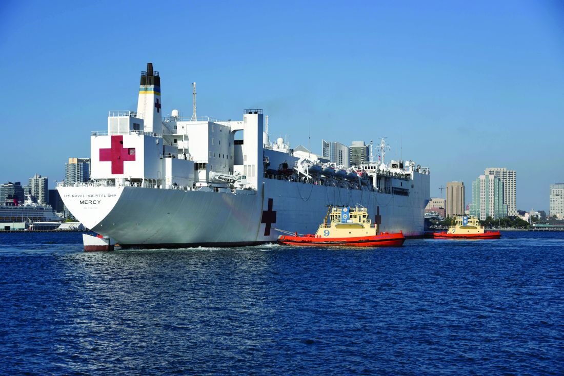 Hospital ship USNS Mercy arrives in San Diego on May 15. Mercy served as a referral hospital for non–COVID-19 patients admitted to shore-based hospitals.