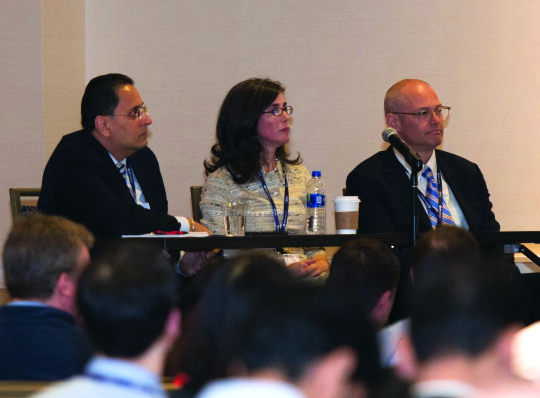 During the new &amp;quot;Shark Tank&amp;quot; session, four hospitalist projects were each presented in a &amp;quot;pitch&amp;quot; to senior quality and research leaders in hospital medicine, who served as the &amp;quot;sharks&amp;quot; (From left: Dr. Hardeep Singh, Dr. Luci Leykum, and Dr. Andrew Auerbach)