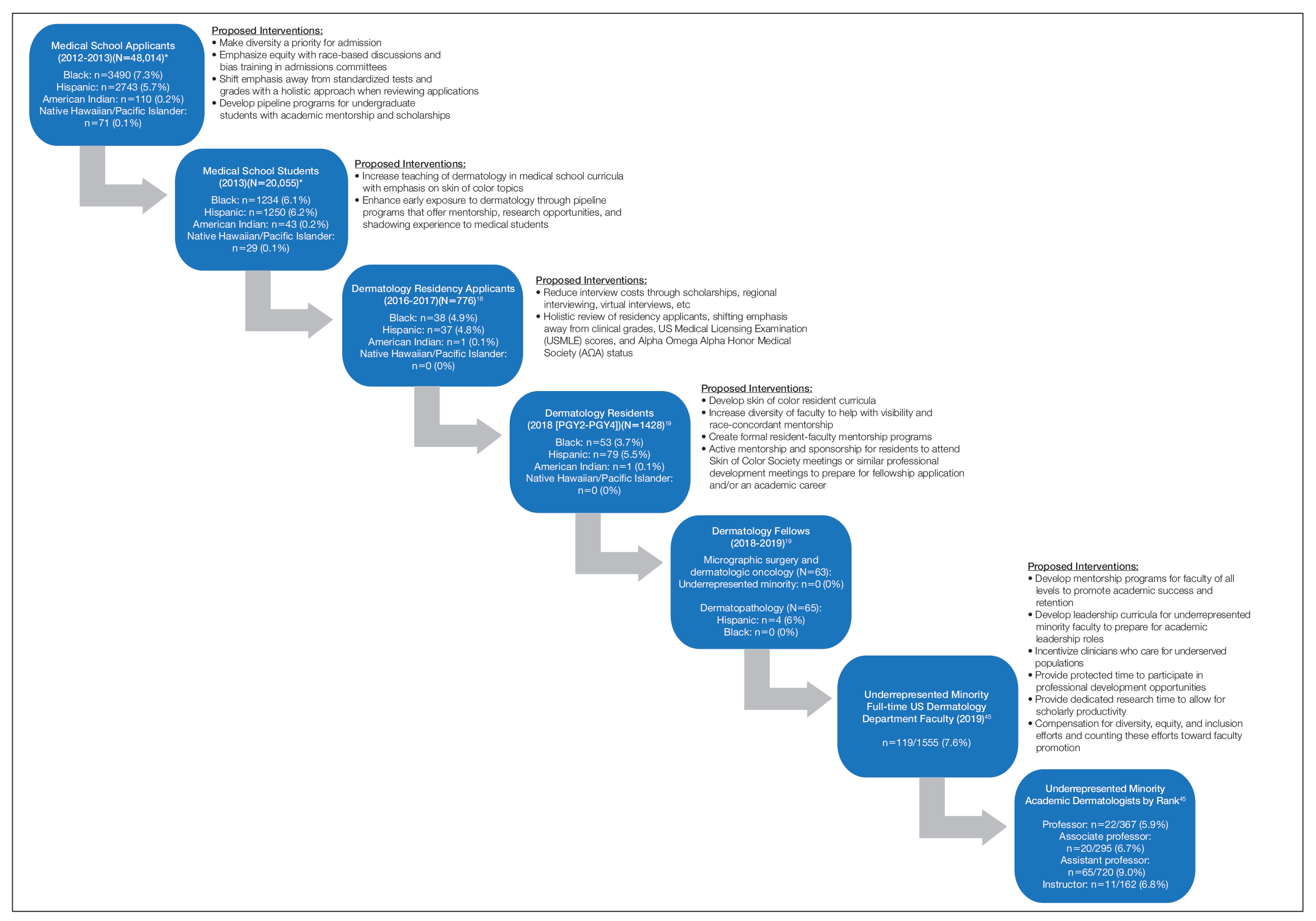 Schematic of the leaky pipeline in dermatology and potential action items and solutions at each stage of academic development