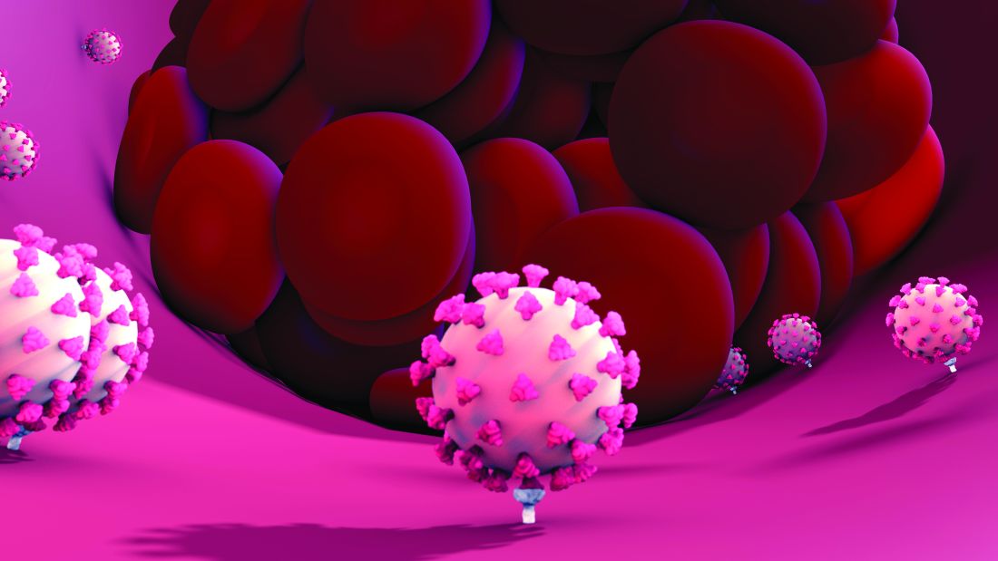 Illustration of coronavirus causing blood clots to form