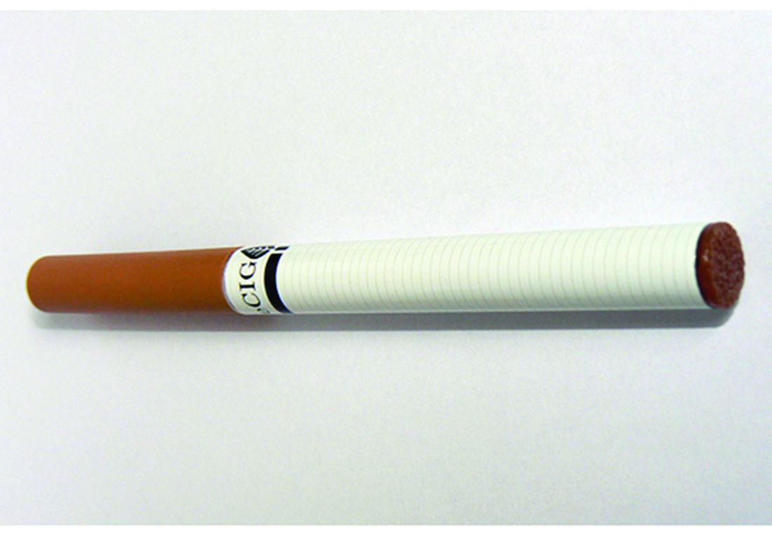 An electronic cigarette, or e-cig, is shown