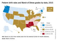 Preterm birth rates and March of Dimes grades by state, 2015