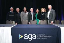 From left: Dr. Bob Sandler, AGAF; Dr. Michael Camilleri, AGAF; Dr. Anil Rustgi, AGAF; Dr. David Lieberman, AGAF; Dr. Sheila Crowe, AGAF; Dr. Gail Hecht, AGAF; Dr. C Richard Boland, AGAF.