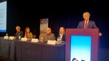 Dr. Samantha Budd Haeberlein of Biogen (second from right) presented the data. Panelists included Dr. Ronald Petersen (at podium), and from right, Dr. Paul Aisen, Dr. Sharon Cohen, and Dr. Stephen Salloway.