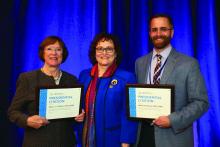 Dr. Mary L. Williams (L) and Dr. Misha Rosenbach (R) receive presidential citations from then-AAD president, Dr. Suzanne M. Olbricht in 2019, for founding the climate change expert resource group.