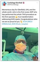 Screenshot of tweet regarding &amp;quot;the first nurse-ANP who has performed the whole TAVI procedure as the first operator.&amp;quot;