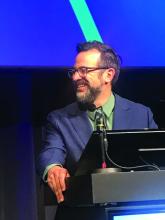 Eric Simpson, MD, professor of dermatology, Oregon Health & Science University, Portland, speaking at the 2023 EADV Congress