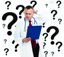 Doctor surrounded by question marks