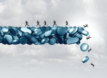 Illustration of individuals falling off a cliff of opioid pills