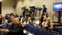 Members of the media gather to hear the results of the BAN2401 study at the Alzheimer's Association Internation Conference.