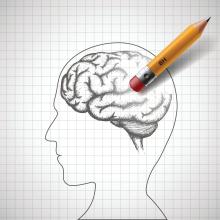 A picture of a pencil's eraser erasing away a drawing of a brain.