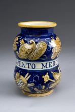 A16th-century Italian albarello, an earthenware apothecary jar that would hold mercury ointment used to treat syphillis.