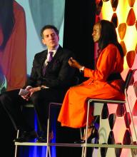 Sex trafficking survivor Kathy Givens, right, speaks at the annual conference of the ASLMS in Phoenix. She shared the stage with ASLMS President Dr. Paul M. Friedman.