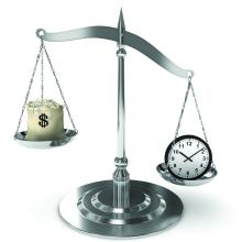 Money and clock on balance scale