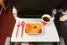 airplane meal (rice and chicken and soft drink)