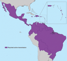 Reported transmission of Zika virus in the Americas.