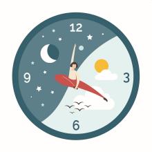 Vectorial illustration of a clock with human hands, representing the circadian rhythm of sleep and wakefulness. In the balanced cycle, a half circle contains the night and the other one the day.