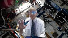 NASA flight surgeon Josef Schmid appears as a hologram on the International Space Station.