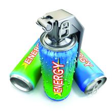 Several cans of energy drinks are shown.