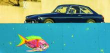 Illustration of an old car and goldfish