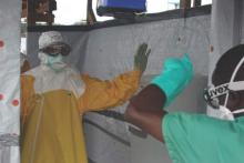 An image of a decontamination procedure during the 2014 West African Ebola hemorrhagic fever outbreak.